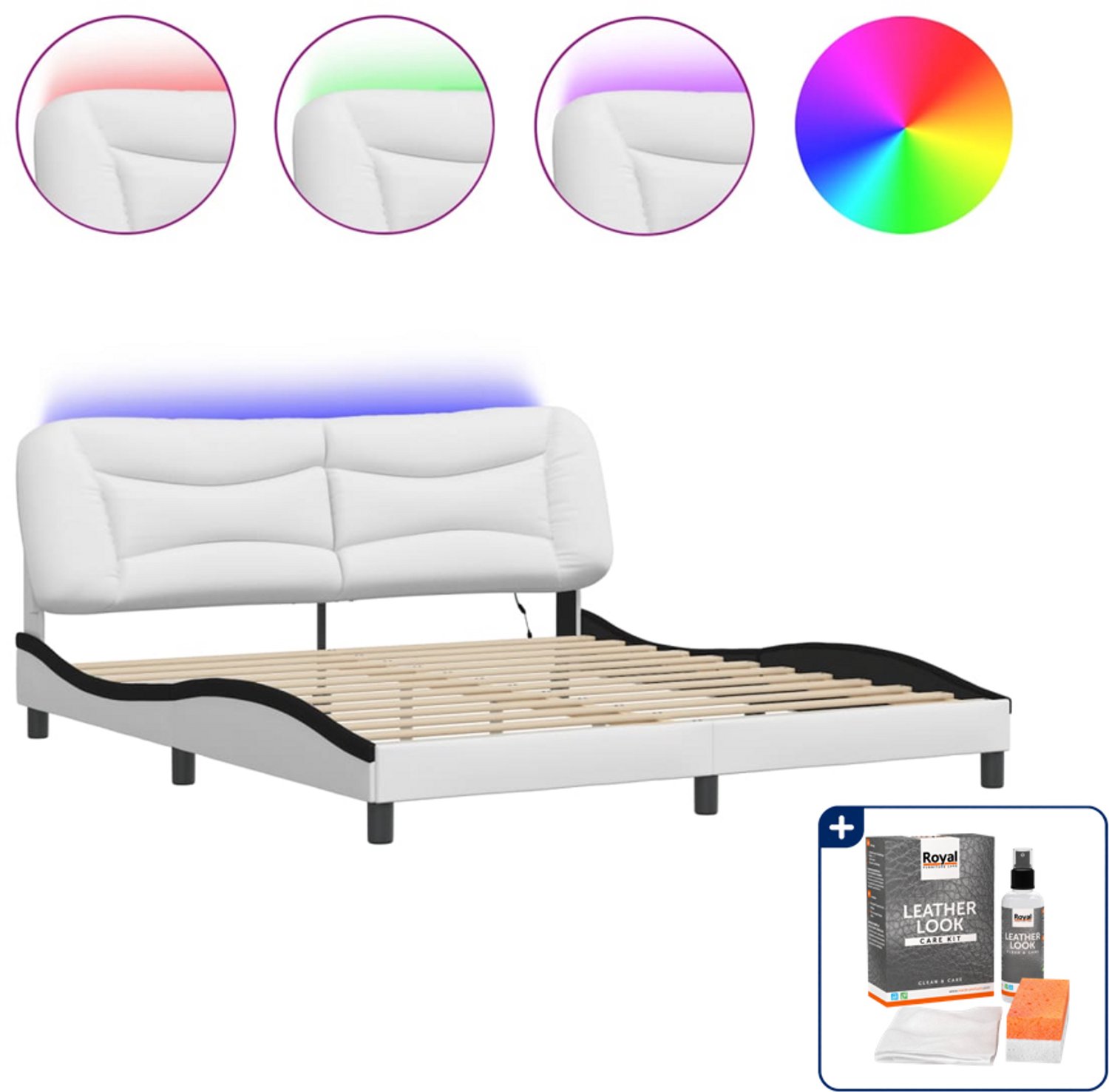 vidaXL Hvar bedframe - Kingsize 180 x 200 cm - wit en zwart - Inclusief onderhoudsset voor kunstleer 150 ml
