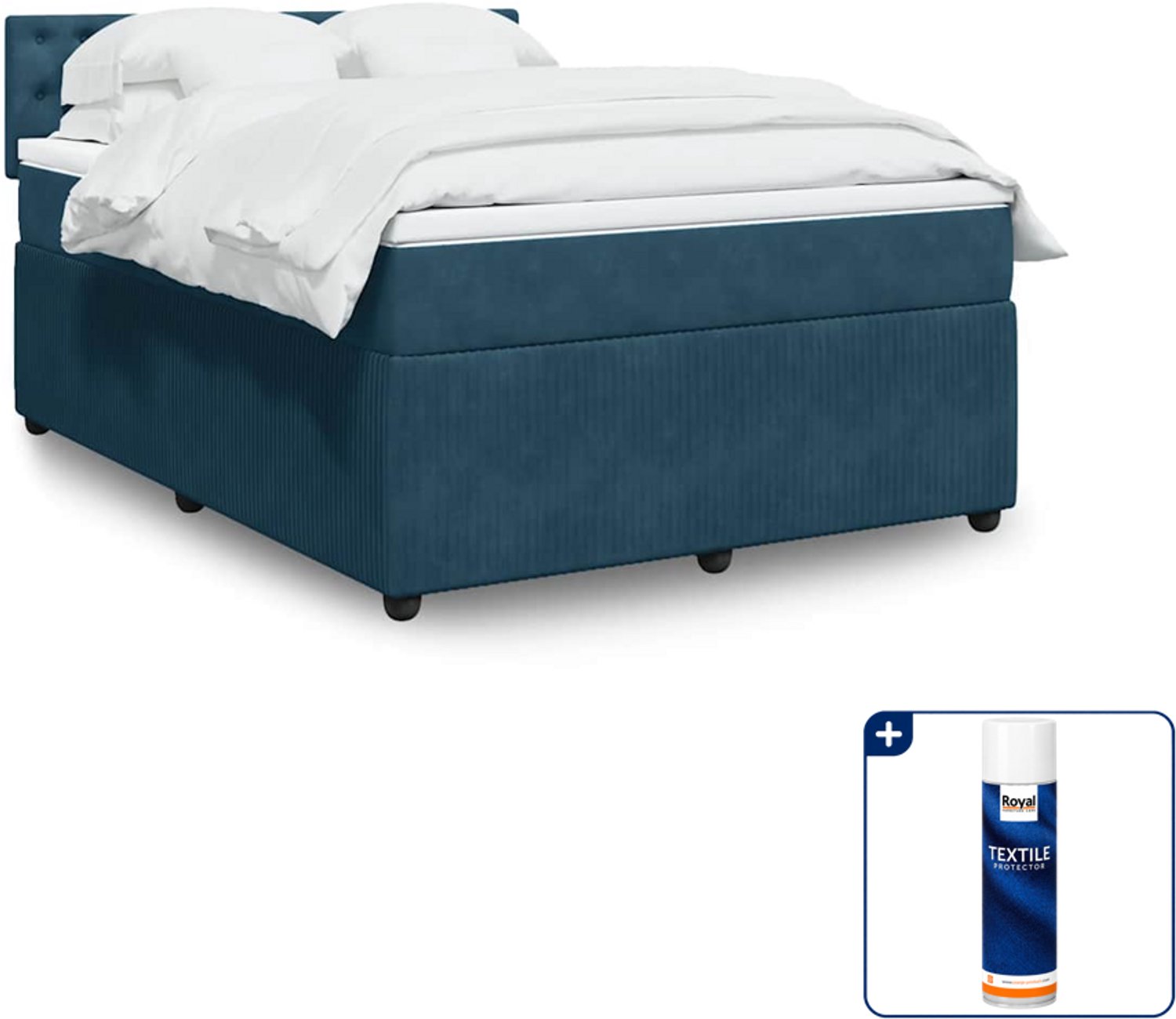 vidaXL boxspring met matras - 140 x 190 cm - fluweel - blauw - Inclusief textielbeschermer 500 ml