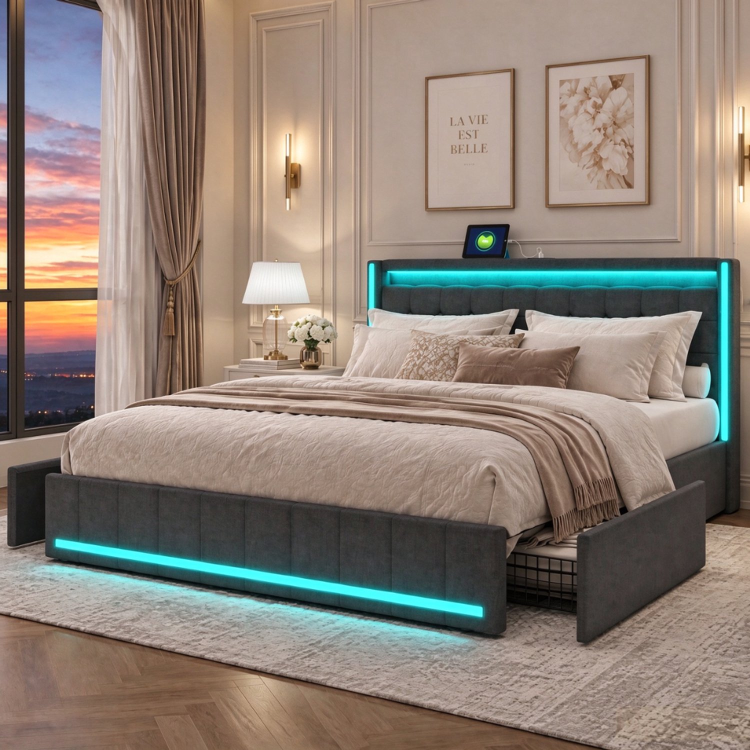 Yelenaro 2 Persoons Bed 140x190 cm met 4 opberglades, Gestoffeerde hoofdeinde met LED-verlichting en USB-poort, Tweepersoonsbedframe 140 x 190 cm met lattenbodem, Linnen, Grijs