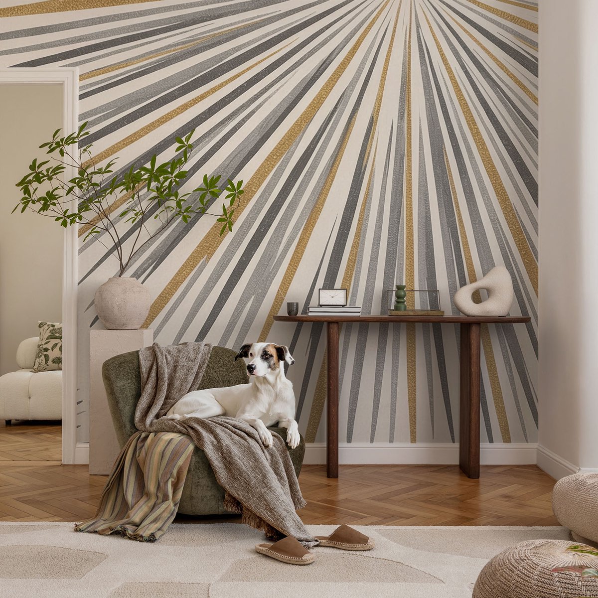 Coloray Vliesbehang - Wit Snellijm Behang - 104x70 cm - Geometrische Waaiers Fotobehang Vlies - Woonkamer behang Achtergronden En Patronen - Muurschildering - Woonkamer behang