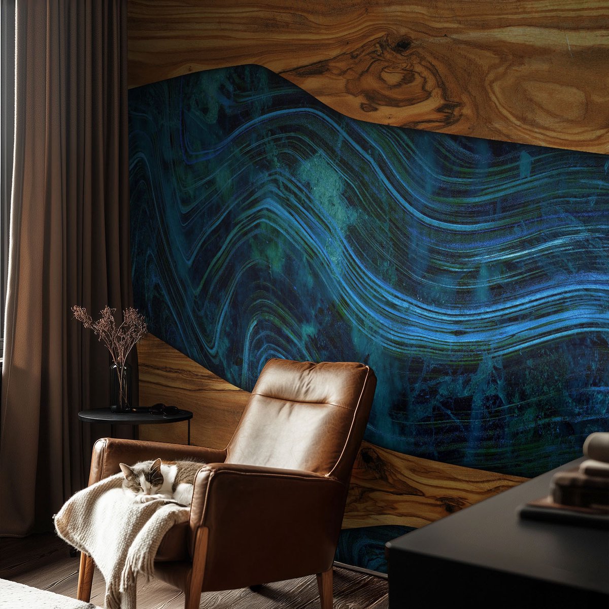 Coloray Vliesbehang - Bruin Snellijm Behang - 104x70 cm - Blauw Hout Fotobehang Vlies - Hal behang Texturen - Muurschildering - Woonkamer behang