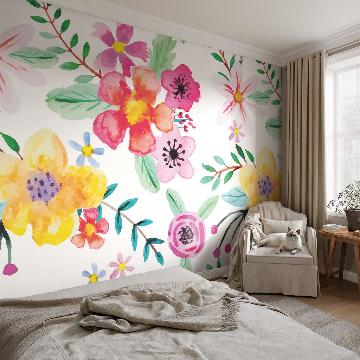 Coloray Vliesbehang - Wit Snellijm Behang - 104x70 cm - Bloemige Frisheid Muurschildering - Gang behang Bloemen En Planten - Fotobehang Vlies - Gang behang