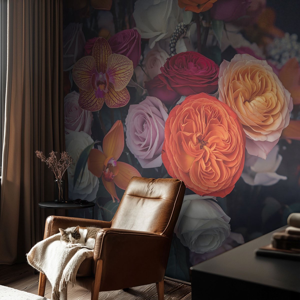 Coloray Vliesbehang - Oranje Snellijm Behang - 104x70 cm - Kleurrijk Boeket Fotobehang Vlies - Hal behang Bloemen En Planten - Muurschildering - Woonkamer behang