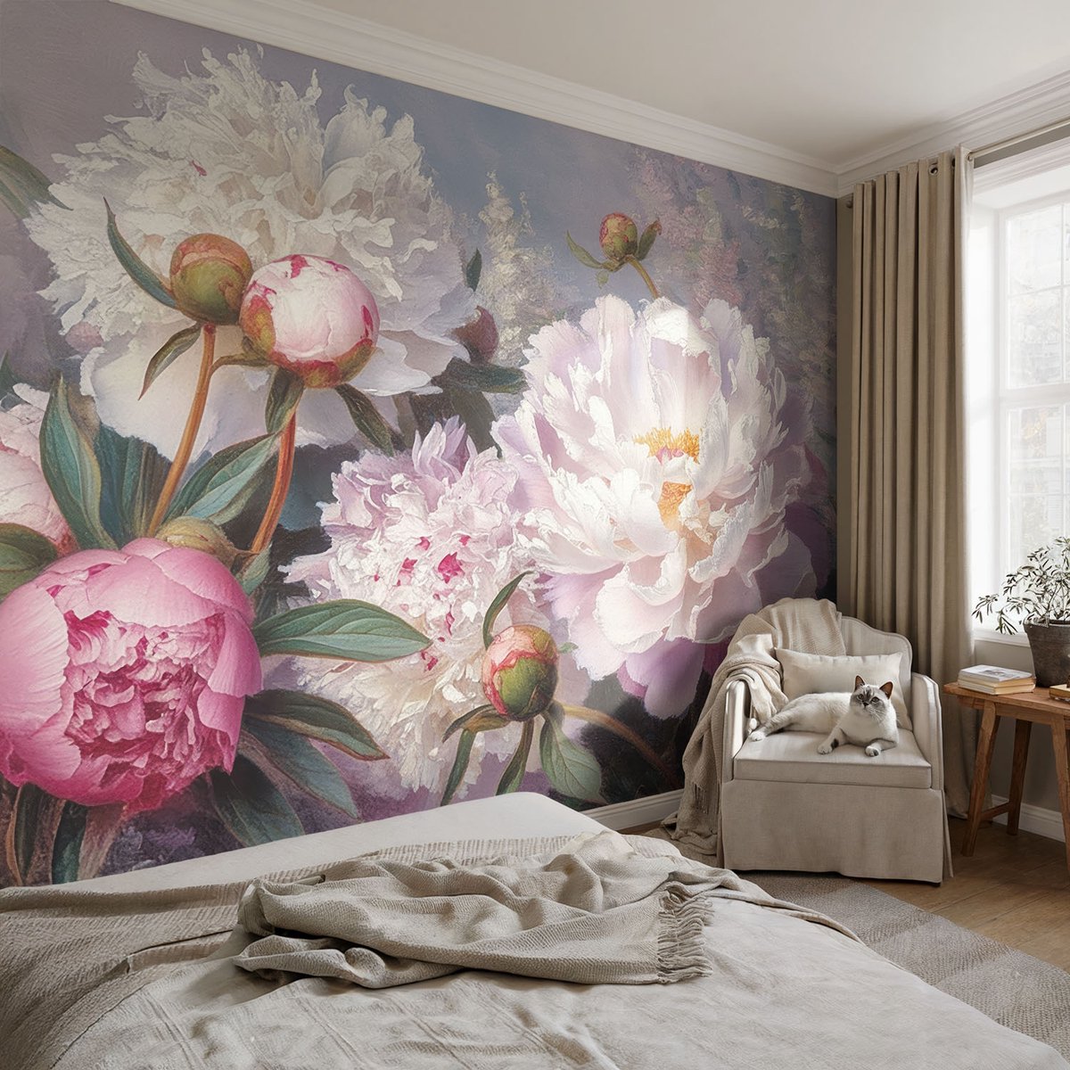 Coloray Vliesbehang - Roze Snellijm Behang - 104x70 cm - Pioenrozenboeket Muurschildering - Slaapkamer behang Bloemen En Planten - Fotobehang Vlies - Slaapkamer behang