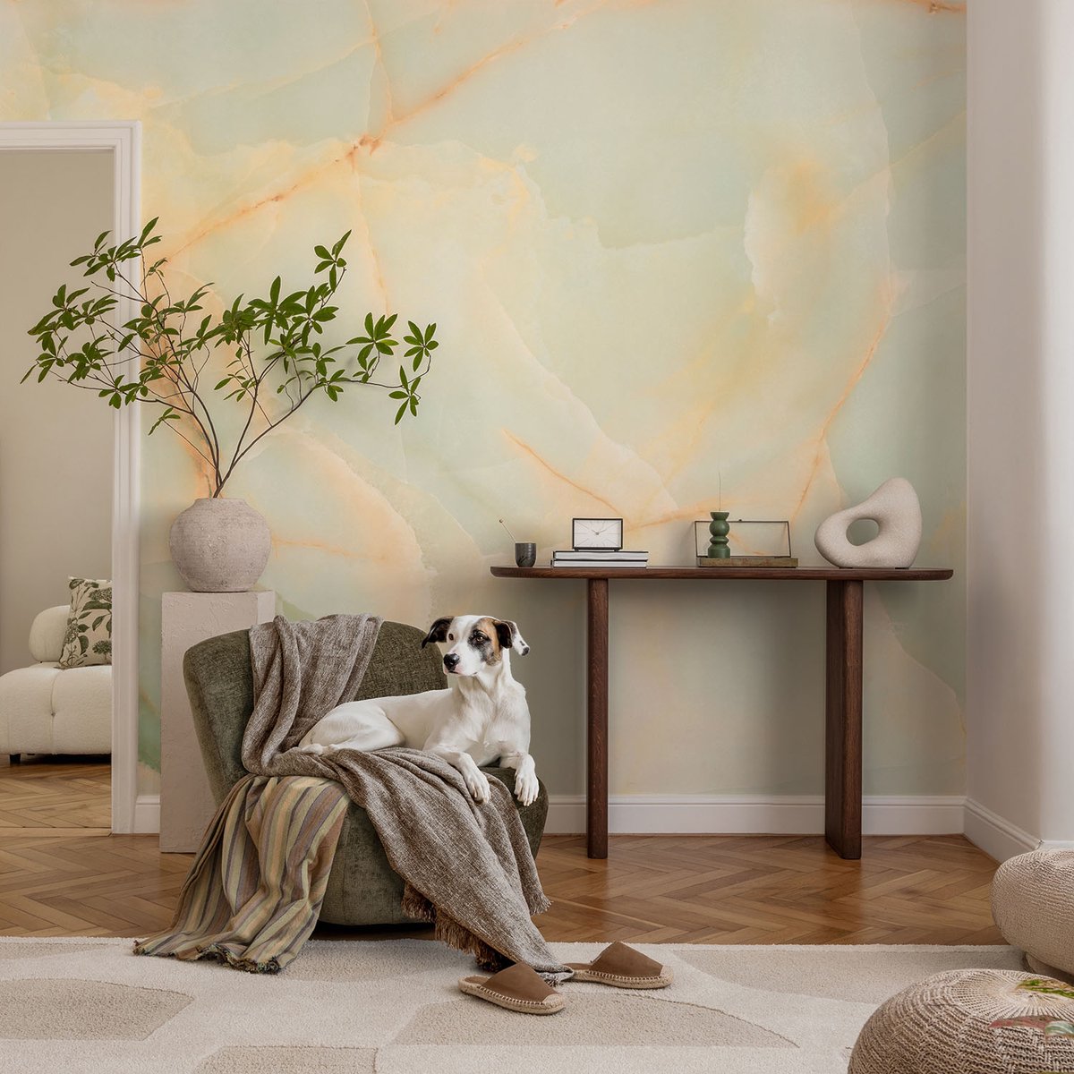 Coloray Vliesbehang - Oranje Snellijm Behang - 104x70 cm - Marmeren Elegantie Muurschildering - Slaapkamer behang Abstractie - Fotobehang Vlies - Slaapkamer behang