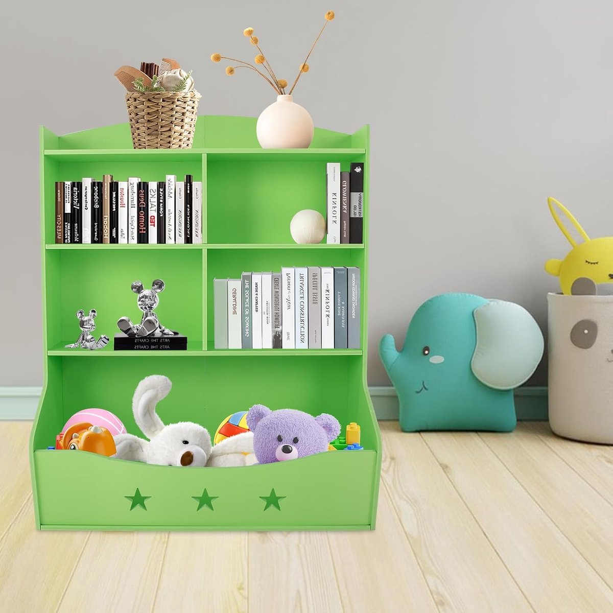 Boekenkast en speelgoedopbergkast, huisorganisatie, speelgoed, boekenrek, kinderopbergorganizer, kinderboekenkast, 3 dieren, kinderboekenrekken voor kleuterschool, slaapkamer (groen)