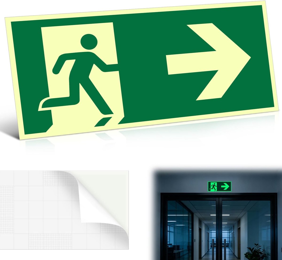 Oplichtend, vluchtwegborden, nooduitgang, reddingsweg, bord met pijlen links, rechts, onderaan, voor gebouwen, kantoren, hotel, school, magazijn (E-rechts)
