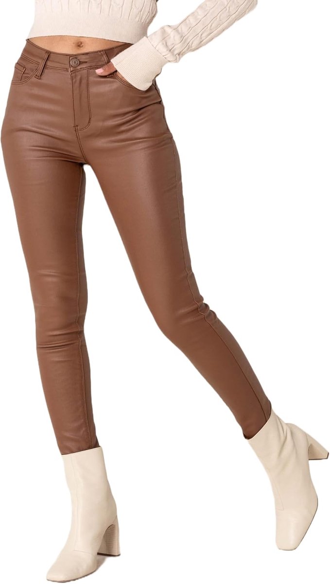 Carter LC001 Damesbroek met hoge taille, lederlook, push-up, stretchjeans