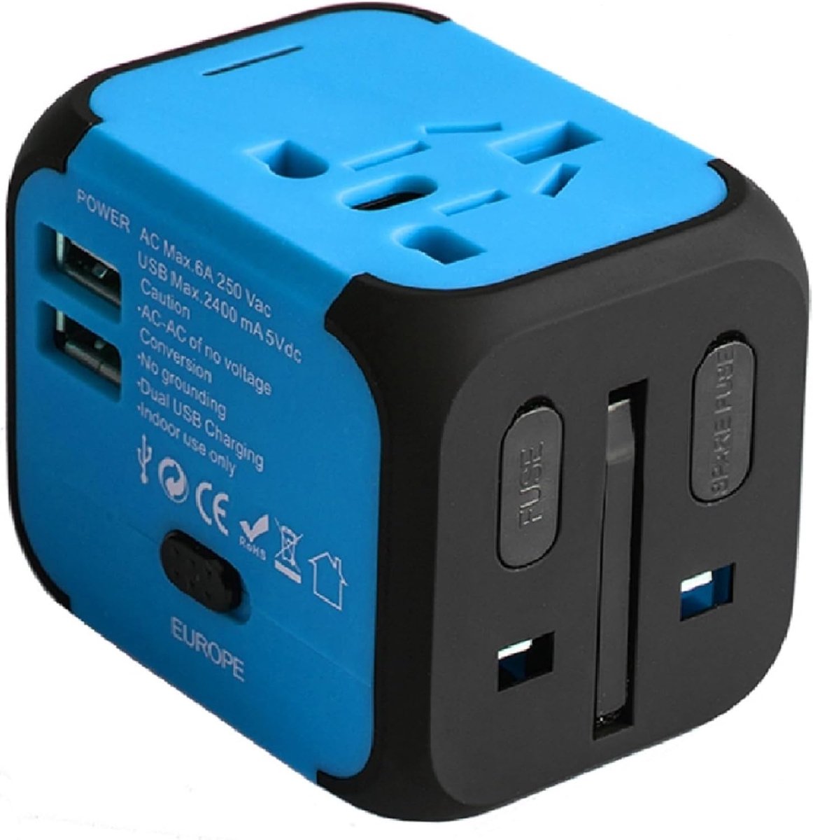 Universele reisadapter voor stopcontact met 2 USB-poorten voor VS, EU, UK, AU, voor ongeveer 150 landen voor tablets, Mp3, mobiele telefoons