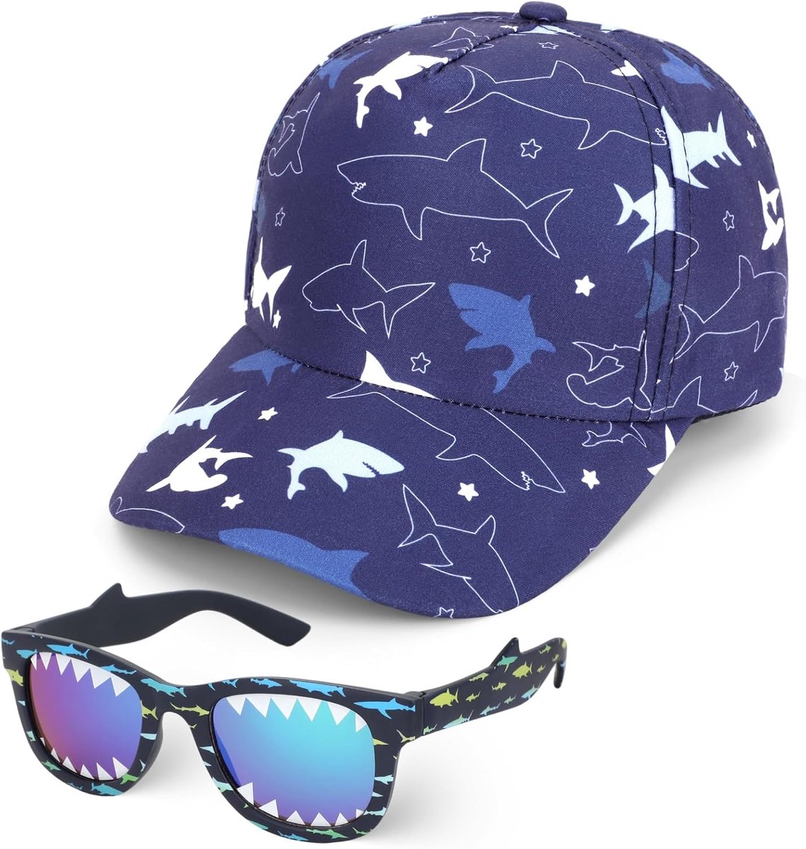 Baseball Cap Zonnebril Set, Leuke Dinosaurus Haai Trucker Hoed Jongens Zonnekap Verstelbare Zomer Hoed voor Peuters Kinderen 2-8 Jaar