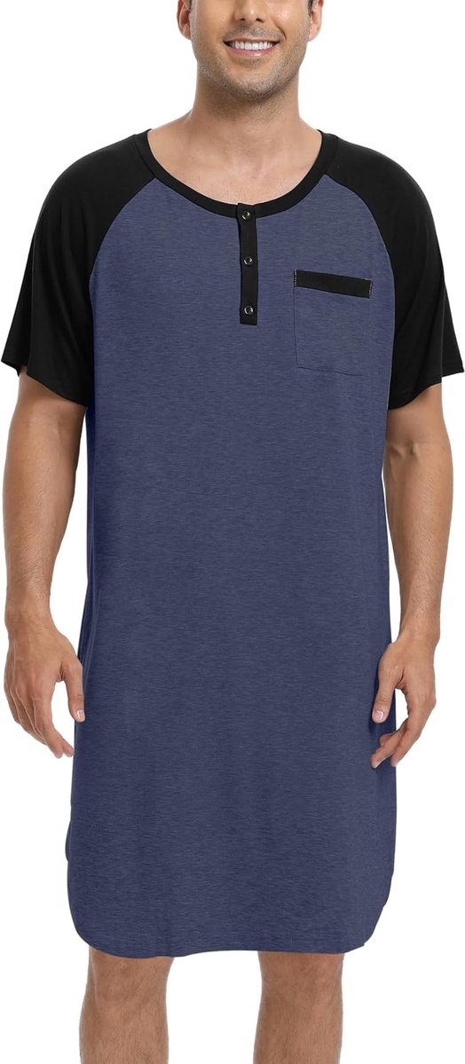 Nachthemd voor heren, pyjama-tops, T-shirt, knielang, V-hals, met knopen, korte mouwen, binnenkleding, zacht, comfortabel, grote maat M-4XL