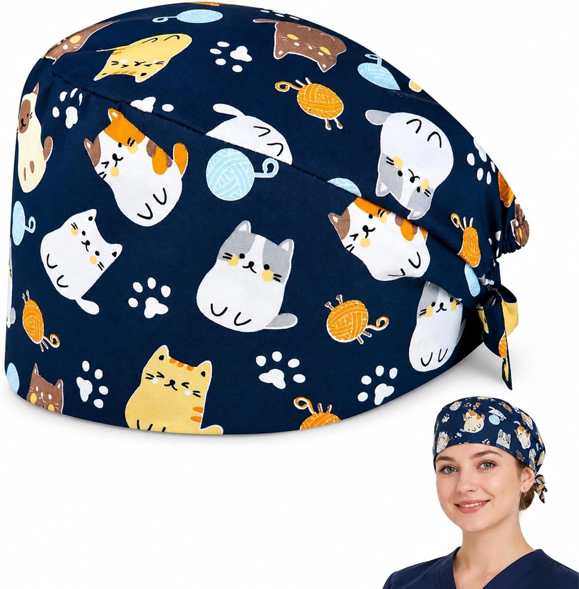Kat, scrub cap, katoen, verstelbaar, ademend, herbruikbaar, voor dames en heren, tandarts, dierenarts, kliniek, operatie, persoonlijk lang haar, 1 stuk
