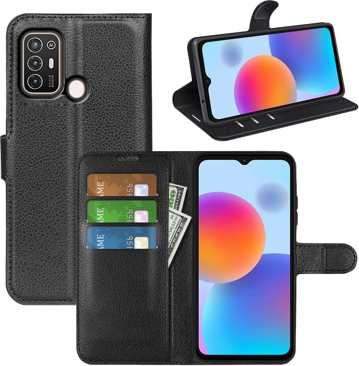 Hoesje voor ZTE Blade A52, Premium Lederen Portemonnee Case Flip Folio Hoesje met Siliconen Bumper [Kickstand] [Kaarthouder] [Magnetische Gesp] Skin voor ZTE Blade A52, Zwart