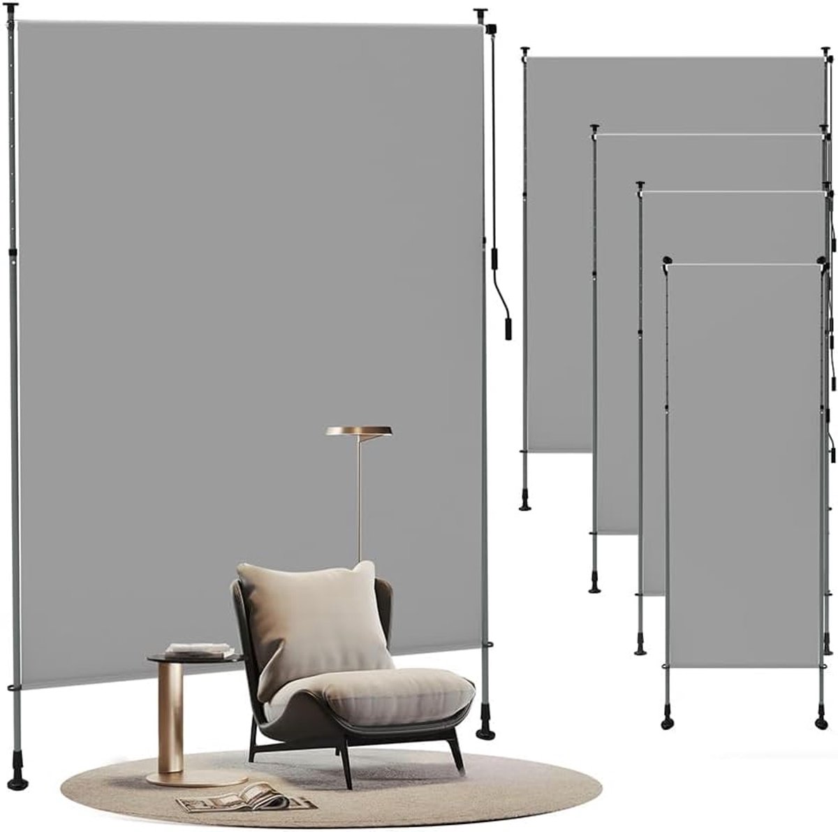 Verticale zonwering, balkon, klemluifel voor buiten, zonder boren, uittrekbaar en ondoorzichtig, verticaal rolgordijn met handslinger, waterdicht, wind- en zonwering voor terras en tuin