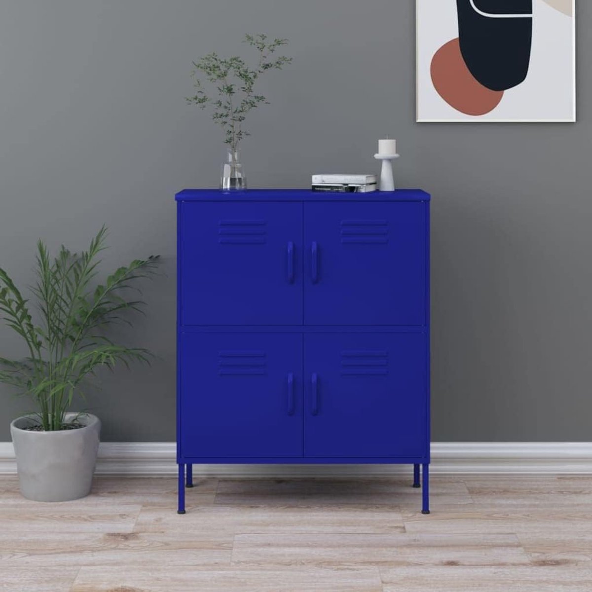 Kast marineblauw 80x35x101,5 cm stalen kast met 4 deuren en 2 planken opbergkast voor kantoor woonkamer