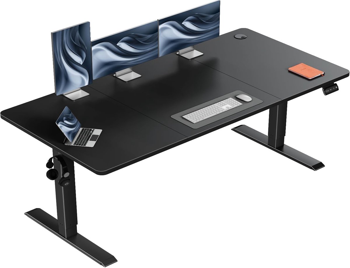 Staand Bureau 63x28 inch (160x70 cm) Hoogte Verstelbaar Bureau met Splitplaat Staande Tafel met Haak Kantoortafel met Memory Smart Paneel, Zwart