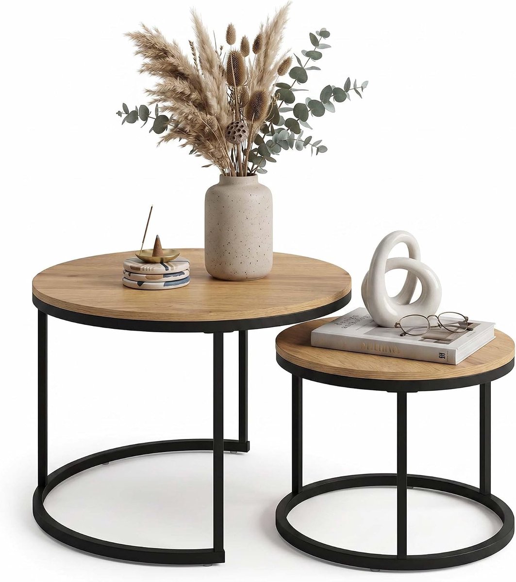 Set van 2, moderne woonkamertafel, rond, bijzettafel, bank met metalen frame, salontafel, rond, eiken, sofatafel, salontafel, koffietafel voor woonkamer, slaapkamer, kantoor