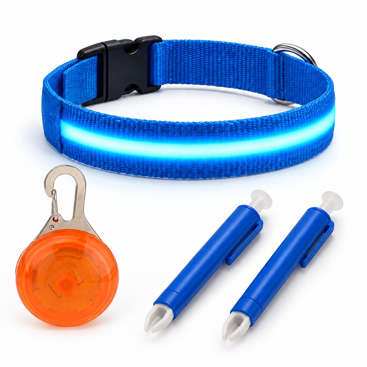 Professor Q LED-Halsband Set Hond - Blauw M 37-46 cm - Lampje Oranje - 2 Blauwe Tekenpincetten