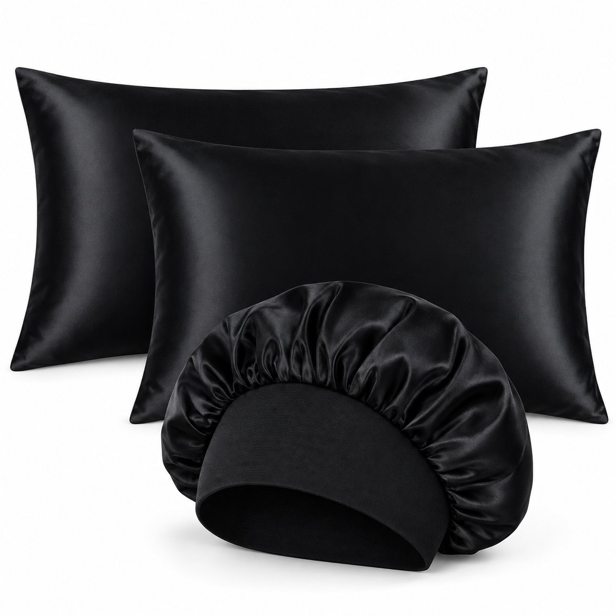 Professor Q Slaapset - 2 Satijnen Kussenslopen Zwart 60 x 70 cm - Satijnen Bonnet Zwart