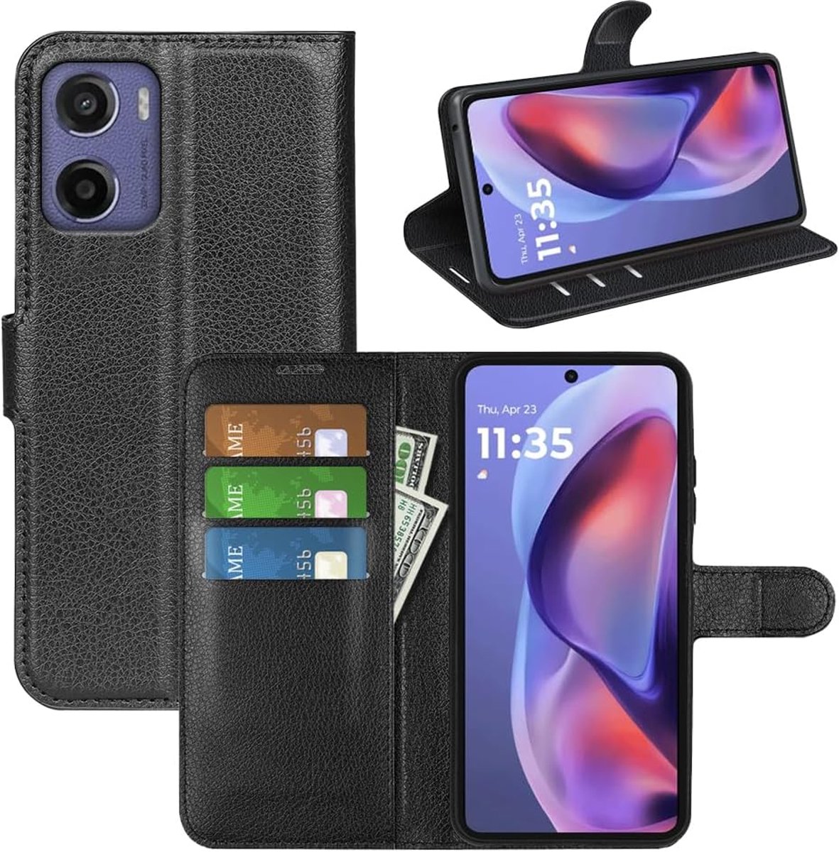 Hoesje voor Motorola Moto E15 / G05, Premium Lederen Portemonnee Hoesje Flip Folio Hoesje met Siliconen Bumper [Kickstand] [Kaarthouder] [Magnetische Gesp] Bookcase Skin voor Motorola Moto E15