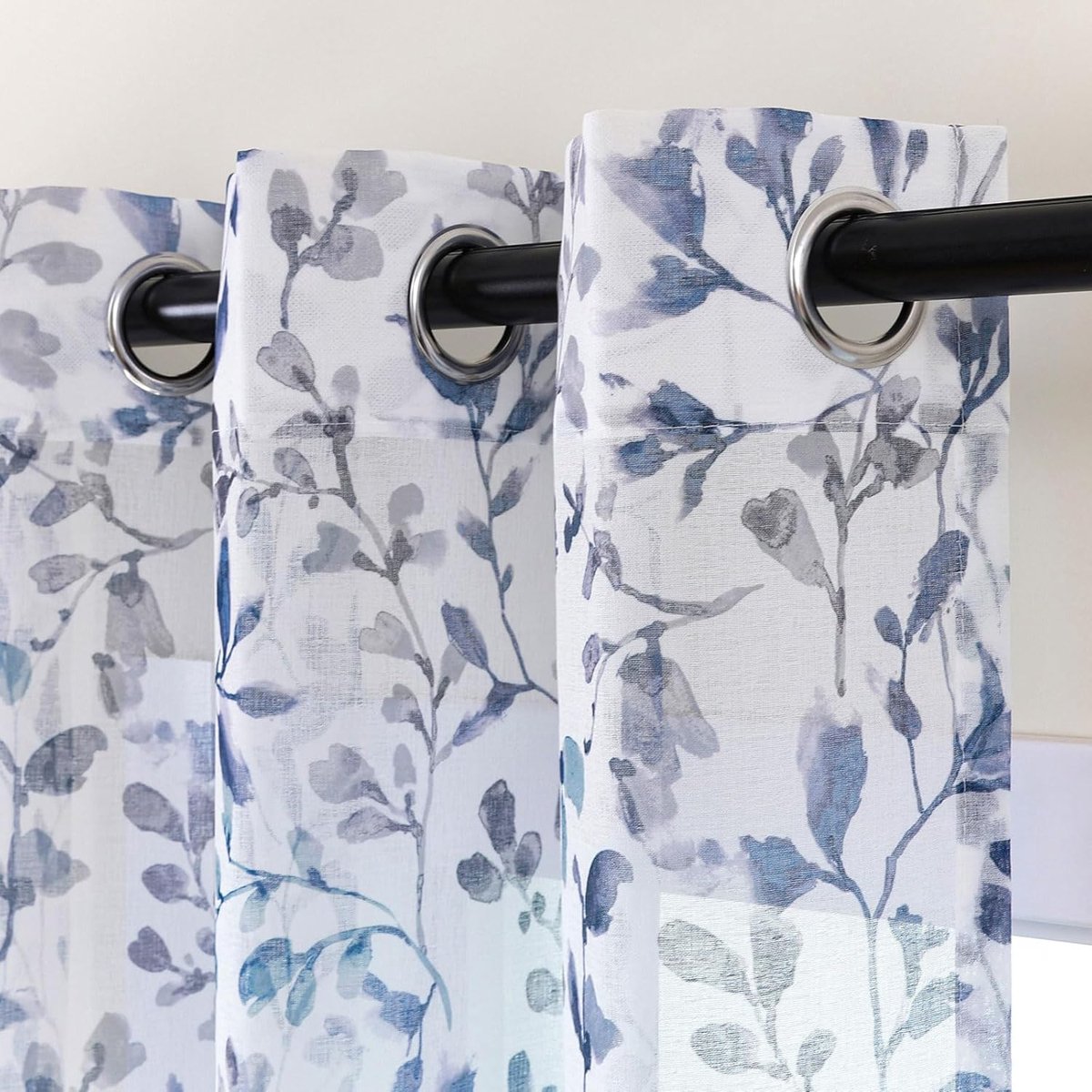 Gordijnen blauw voor woonkamer, gordijnen donkerblauw met oogjes, transparant gordijn voor slaapkamer raam, set van 2 bladeren patroon linnenlook gordijn met ogen 225 cm lang (LZE2226E-BL225)