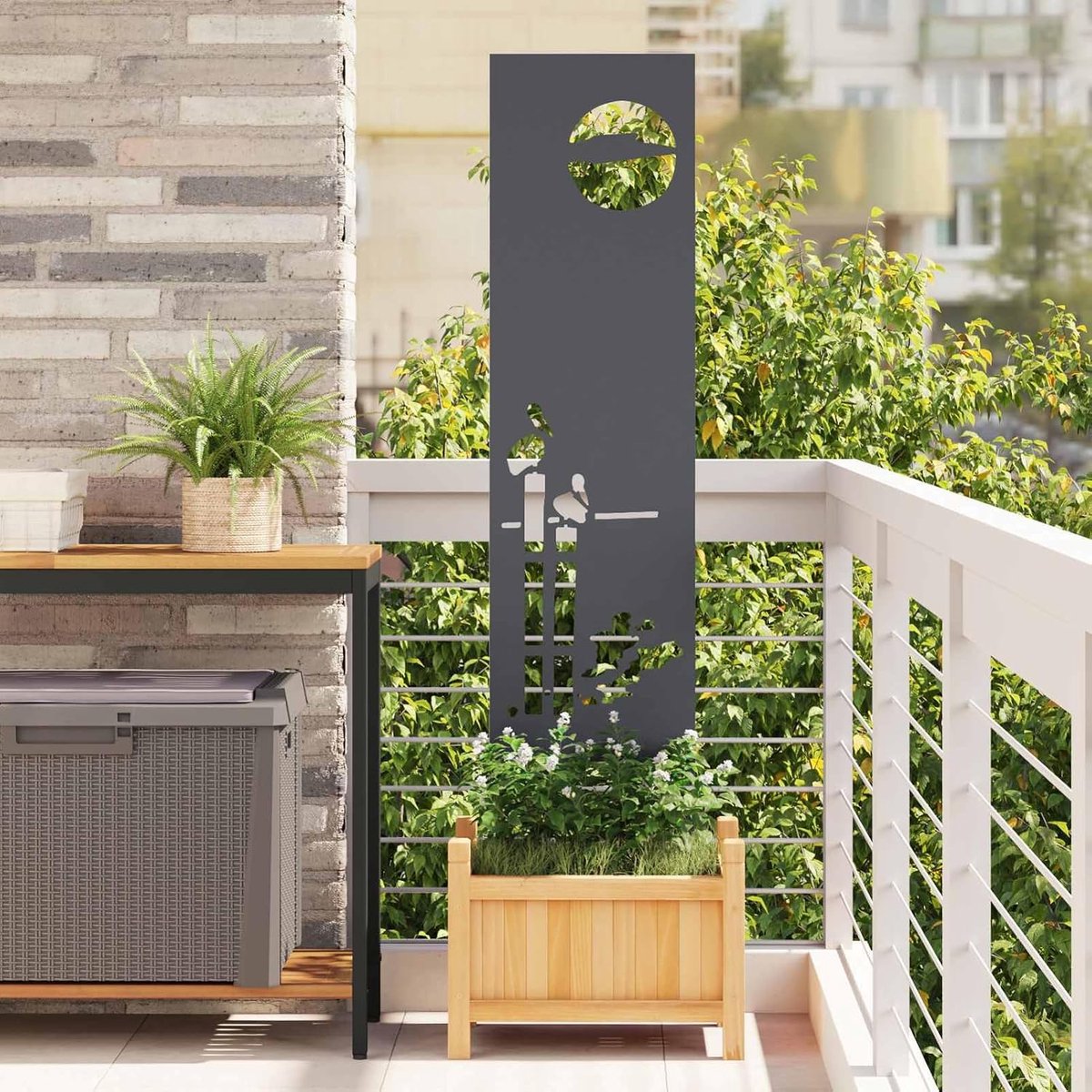 Inkijkbescherming tuin antraciet, van mat gelakt staal met decoratieve inzetstukken, weerbestendig en zonder gereedschap te monteren, 32 x 140 cm voor terras, balkon, buiten