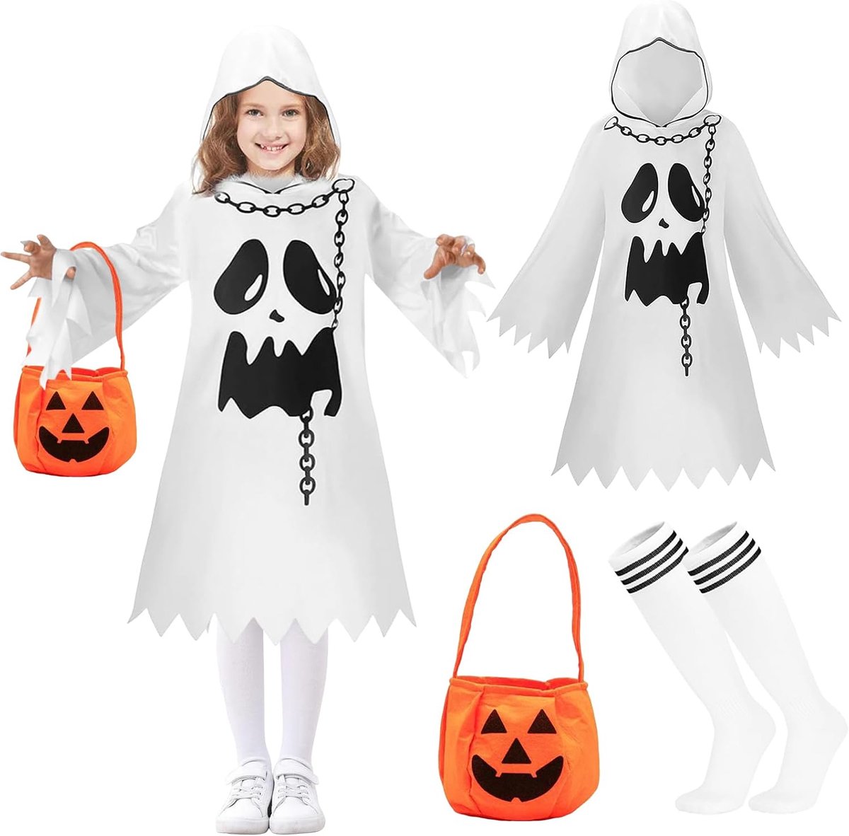 Geestspenkostuum voor kinderen, wit, carnavalskostuum voor kinderen, met pompoen, Halloween geestcape, kinderkostuum, carnaval, cosplay, griezelig kostuum voor jongens en meisjes