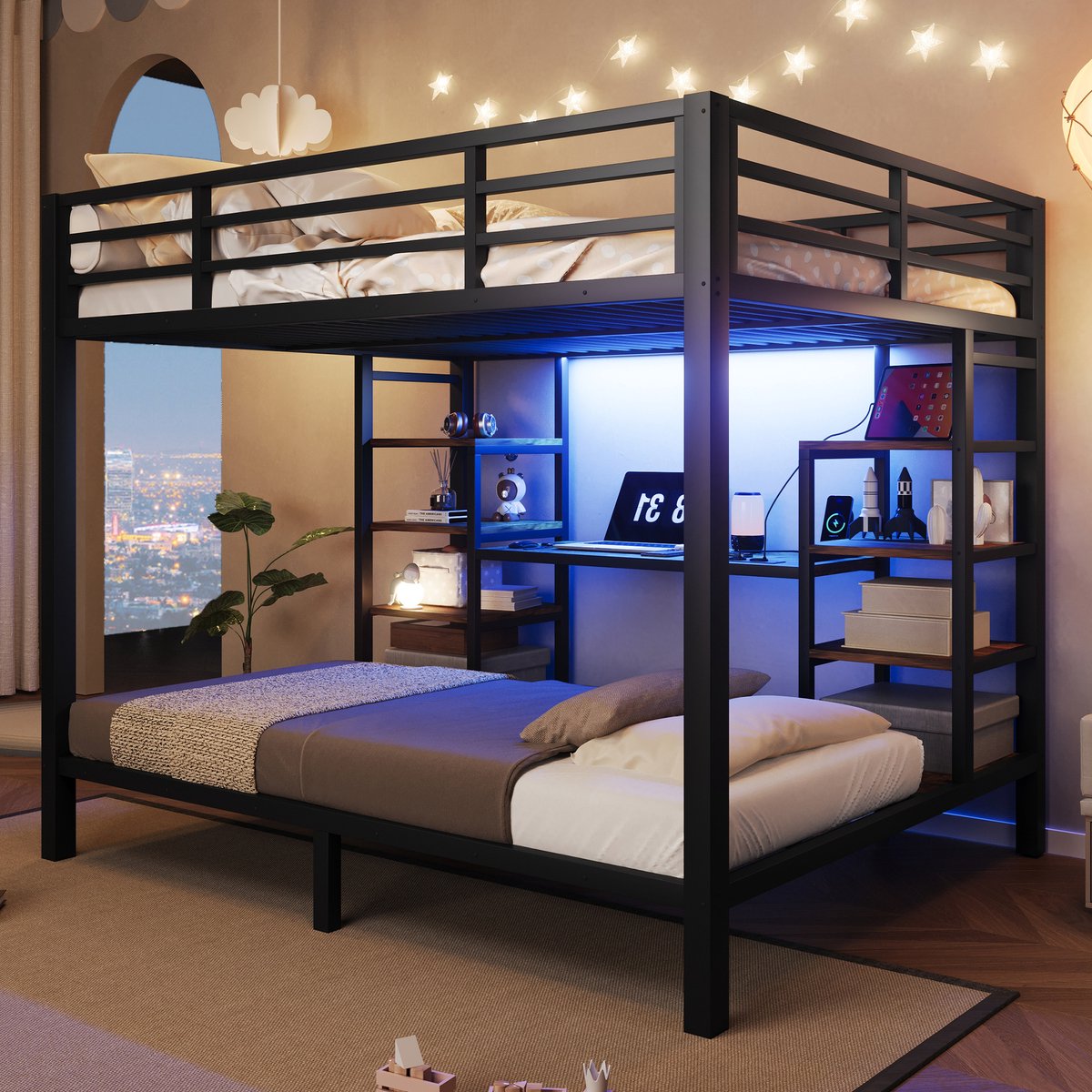Zubaliya Metalen stapelbed 140 x 200 + 90 x 200 cm - met opbergvakken, LED en USB-C - zwart