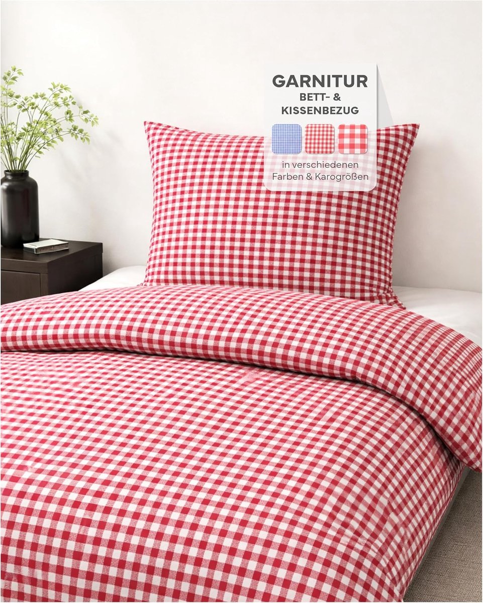 Beddengoed in landelijke stijl, rood geruit, 1 cm, met ritssluiting, 100% katoen, rood en wit geruit, set 135 x 200 + 80 x 80 cm