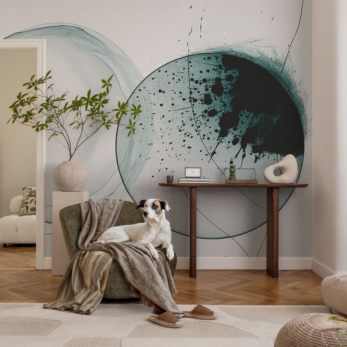 Coloray Vliesbehang - Wit Snellijm Behang - 104x70 cm - Groene Cirkels Muurschildering - Slaapkamer behang Abstractie - Fotobehang Vlies - Gang behang