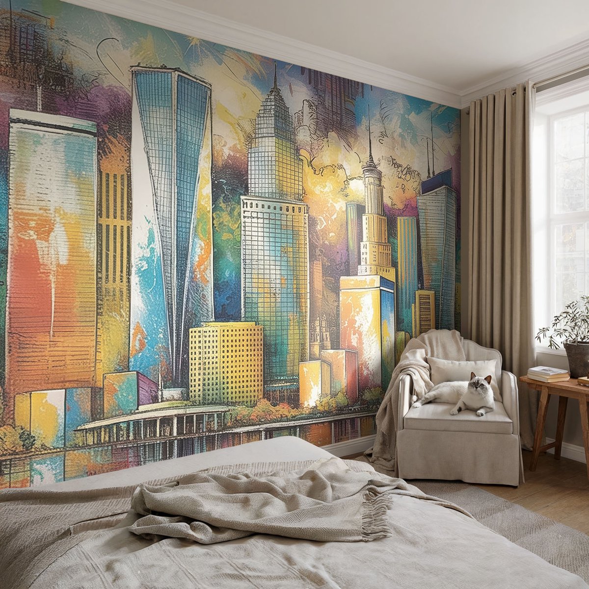 Coloray Vliesbehang - Blauw Snellijm Behang - 104x70 cm - Stadspanorama Muurschildering - Slaapkamer behang Architectuur - Fotobehang Vlies - Slaapkamer behang