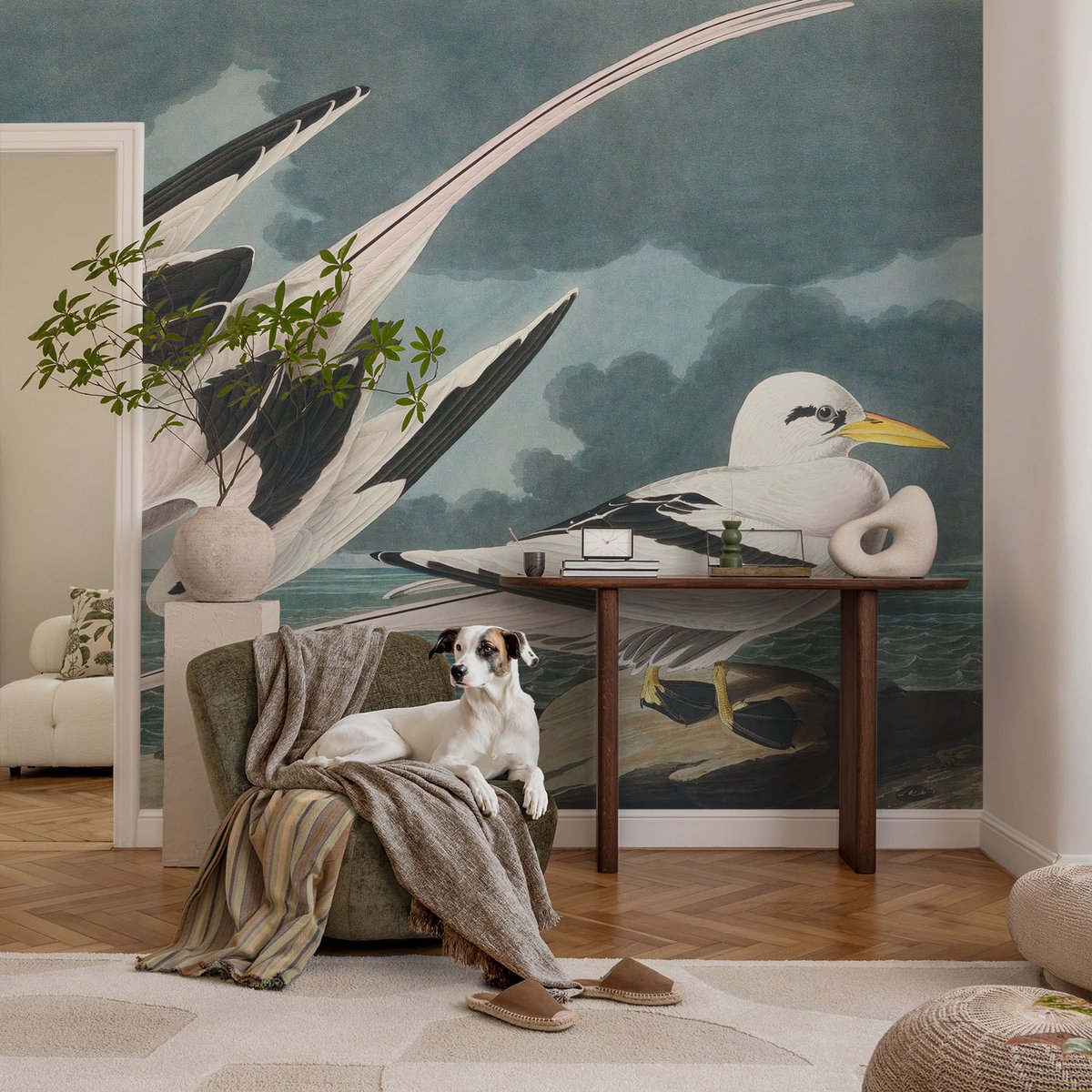 Coloray Vliesbehang - Grijs Snellijm Behang - 104x70 cm - Vogels Aan Zee Muurschildering - Gang behang Dieren - Fotobehang Vlies - Gang behang