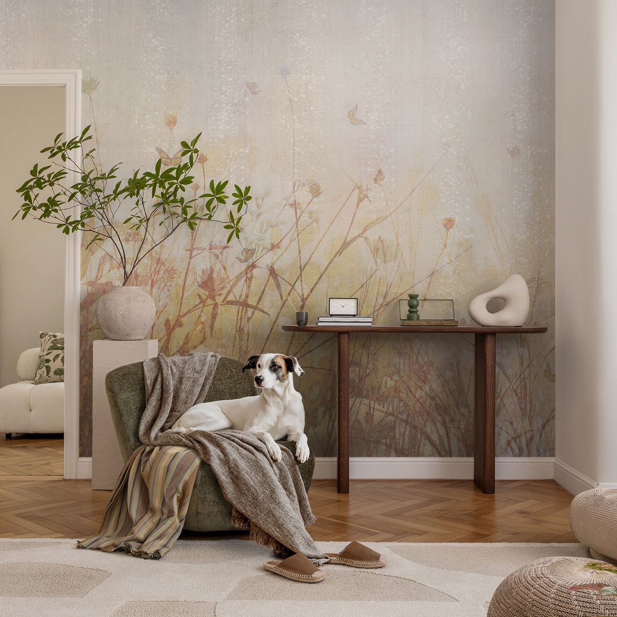 Coloray Vliesbehang - Beige Snellijm Behang - 104x70 cm - Harmonie Van De Weide Muurschildering - Gang behang Bloemen En Planten - Fotobehang Vlies - Slaapkamer behang