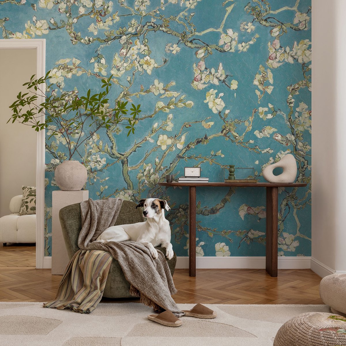 Coloray Vliesbehang - Blauw Snellijm Behang - 104x70 cm - Bloeiende Takken Fotobehang Vlies - Hal behang Bloemen En Planten - Muurschildering - Woonkamer behang