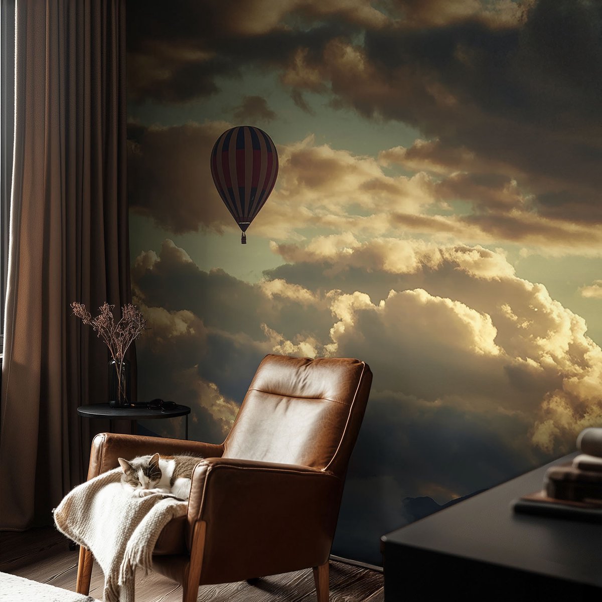 Coloray Vliesbehang - Grijs Snellijm Behang - 104x70 cm - Ballon In De Wolken Muurschildering - Gang behang Landschappen - Fotobehang Vlies - Gang behang
