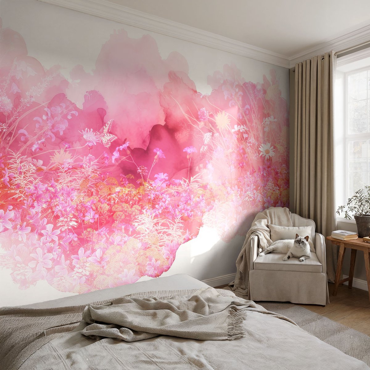 Coloray Vliesbehang - Roze Snellijm Behang - 104x70 cm - Bloemenpatroon Fotobehang Vlies - Woonkamer behang Bloemen En Planten - Muurschildering - Hal behang
