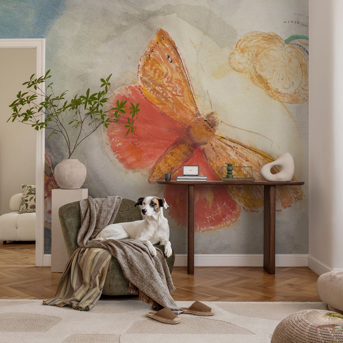 Coloray Vliesbehang - Oranje Snellijm Behang - 104x70 cm - Kleurrijke Vlinders Fotobehang Vlies - Woonkamer behang Deel - Muurschildering - Woonkamer behang
