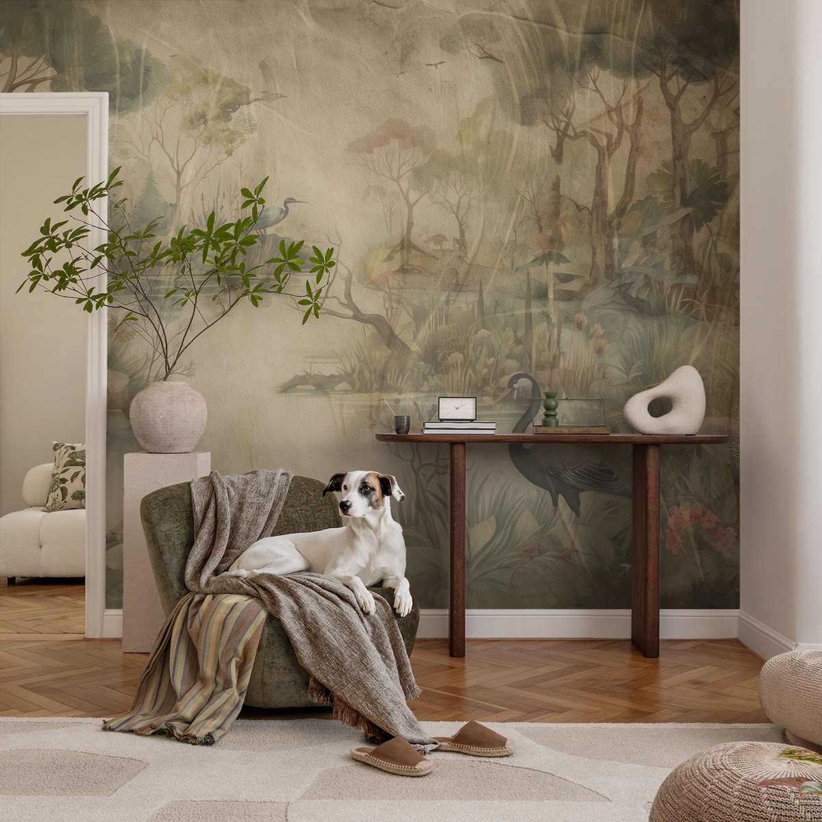 Coloray Vliesbehang - Beige Snellijm Behang - 104x70 cm - Boslandschap Muurschildering - Slaapkamer behang Bloemen En Planten - Fotobehang Vlies - Gang behang
