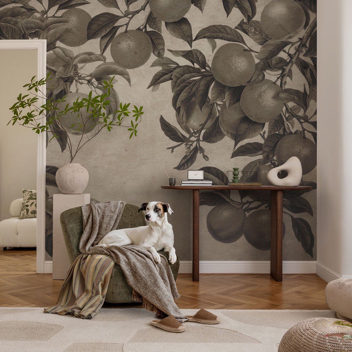 Coloray Vliesbehang - Grijs Snellijm Behang - 104x70 cm - Vruchtpatroon Muurschildering - Gang behang Bloemen En Planten - Fotobehang Vlies - Gang behang