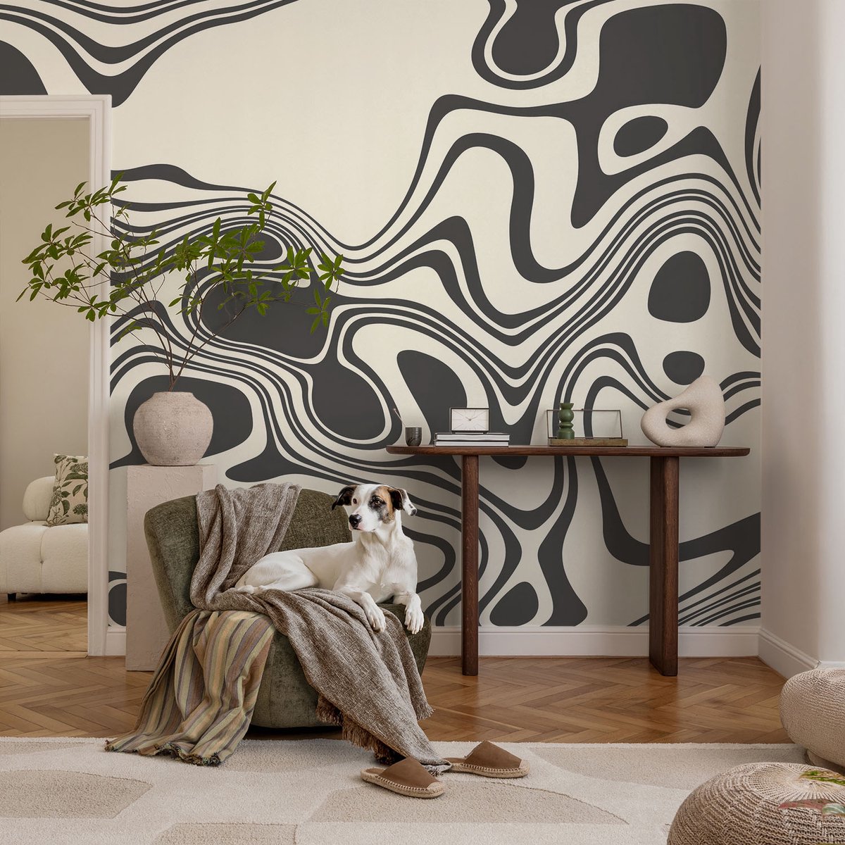 Coloray Vliesbehang - Zwart-Wit Snellijm Behang - 104x70 cm - Dynamische Lijnen Fotobehang Vlies - Woonkamer behang Abstractie - Muurschildering - Hal behang