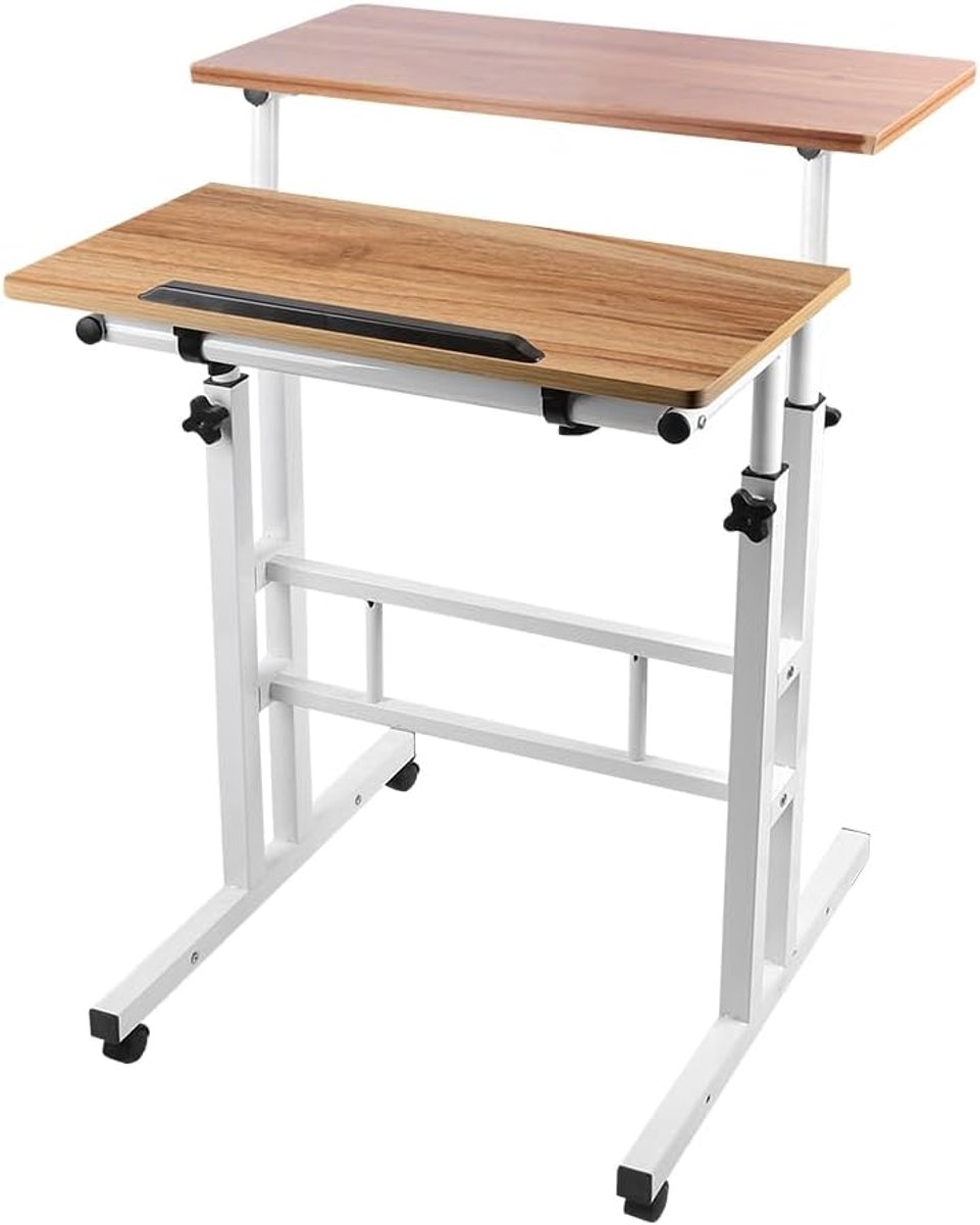hoogte verstelbaar computerbureau, laptoptafel met wieltjes, tafel voor pc, staand bureau, M, 80 x 60 x 67-115 cm, zwart