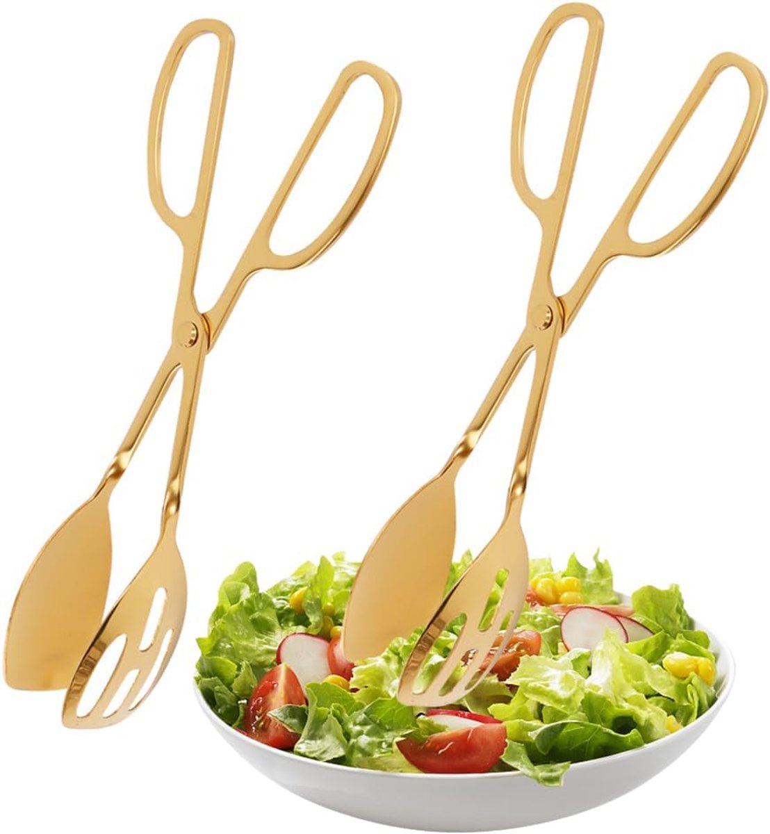Set van 2 sla- en serveertang, gebaktang, aspergetang met schaarhandgrepen, spaghettitang, slabestek van roestvrij staal voor grillen, keuken, serveren en pasta (goud)