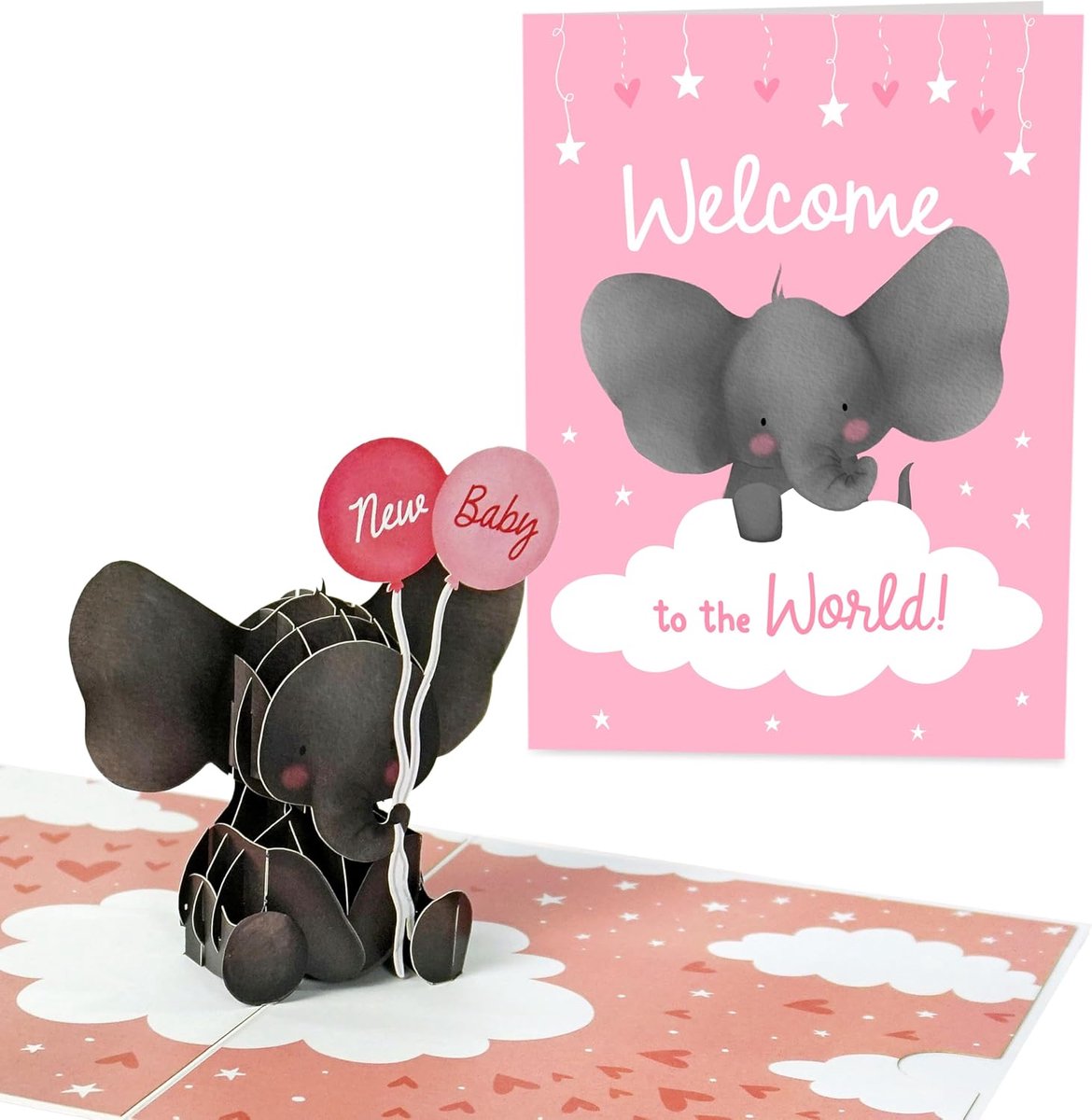 23 Pop-up-kaart olifant – wenskaart voor babyshower ontdekking van het geslacht zwangerschap – wenskaarten voor de geboorte van het meisje kleindochter – met stickers