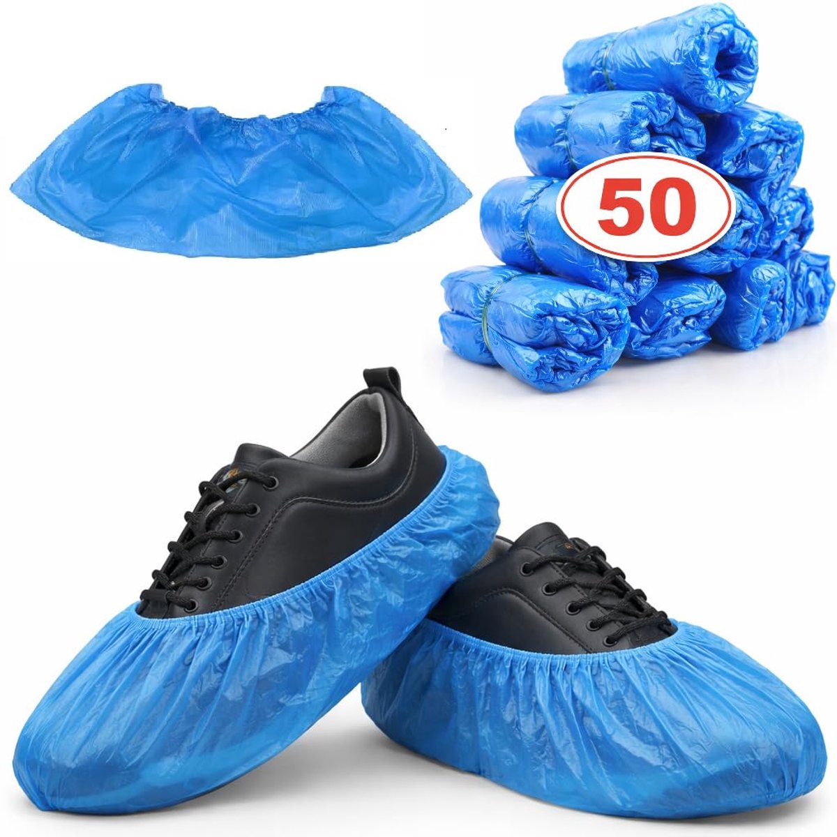 Schoenovertrek, HDPE-overschoenen, schoenovertrek, wegwerp-overschoenen voor schoenen, overschoenen, overtrekken, waterdicht, stofdicht, blauw (50, 38 x 12 cm)