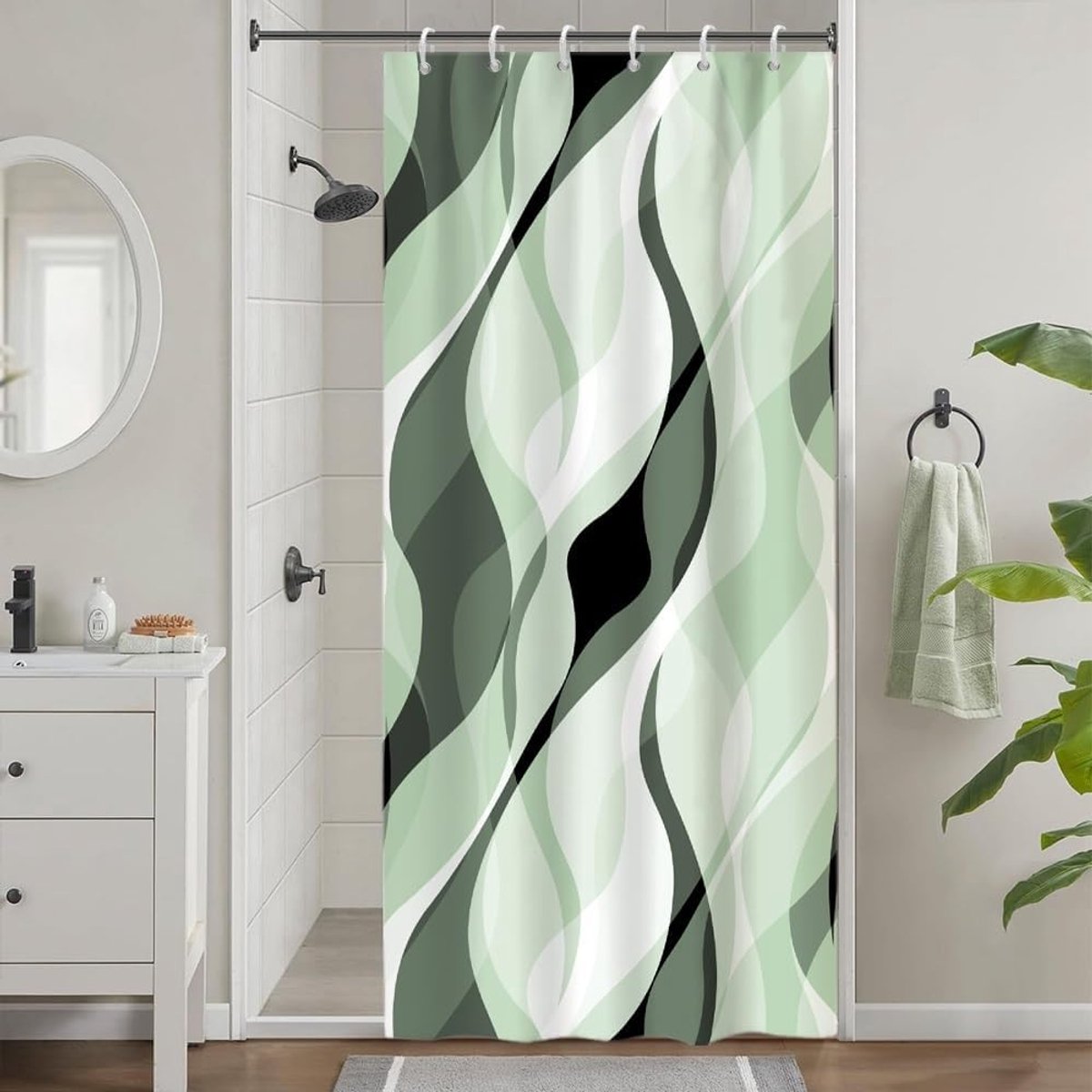 douchegordijn 90 x 180 cm saliegroen strepen grijs
