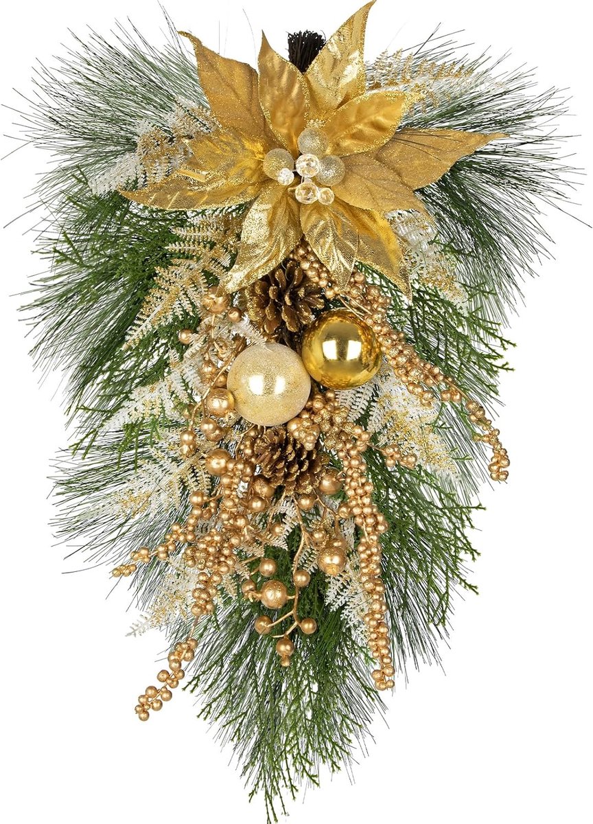 Christmas Swags 24 inch Gouden Poinsettia Kerst Teardrop Swag met dennenappels Rode Bessen Gouden Bladeren Trappen Xmas Swags Winter Swag Garland voor Trap Xmas Holiday Windows Home Decoraties