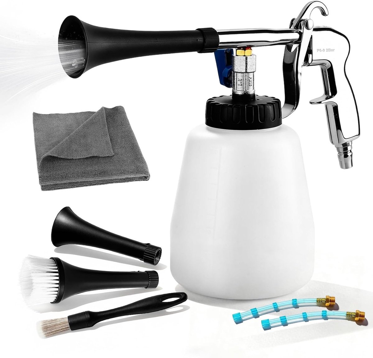 Perslucht reinigingspistool met tornado-effect, hogedrukreinigingspistool voor auto, werkplaats en huishouden, all-in-one set met 1 liter watertank, 2 sproeiers en accessoires