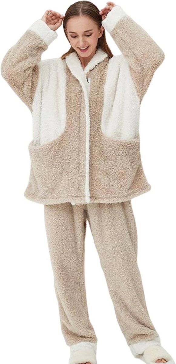 Winter Pajamas Winter Women'S Coral Fleece Warm Pajamas,Cardigan Lapel Loungewear Set,Stylish Color-Blocked Sleepwear-A-M