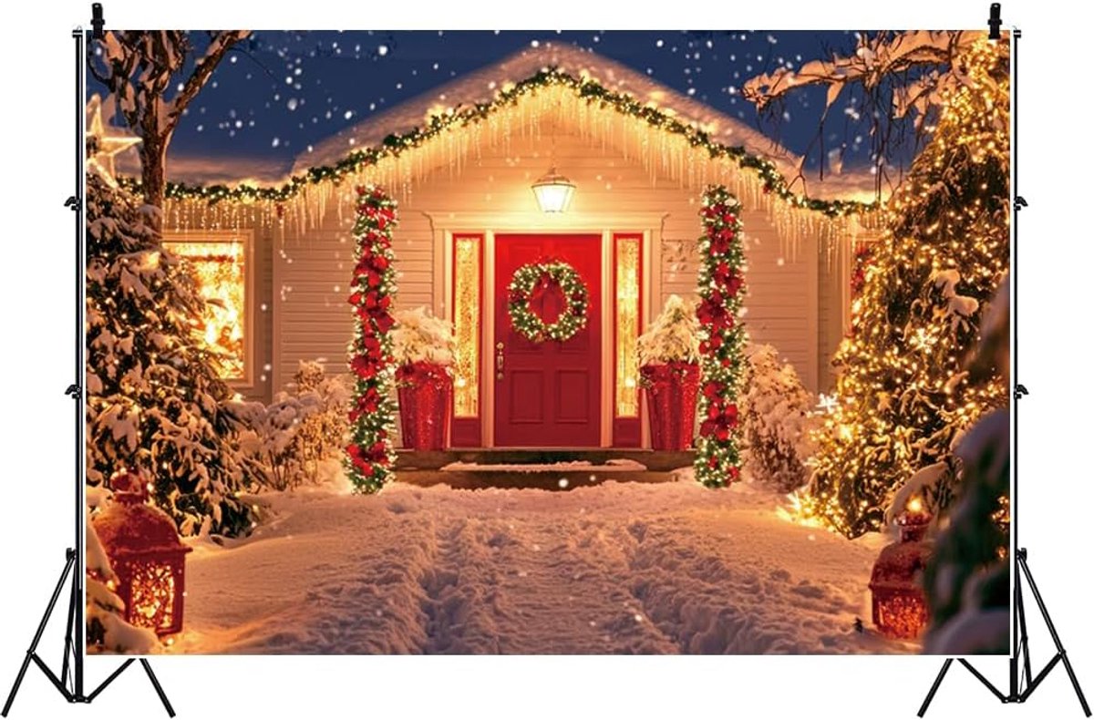 3x2m Kerst Achtergrond Outdoor Sneeuwveld Luxe Huis Nieuwjaar Fotografie Achtergrond Xmas Boom Sneeuw Vallende Baby Shower Decoratie Kinderen Volwassen Portret Foto Prop
