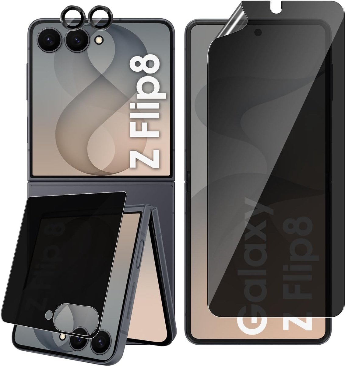 Inkijkbescherming voor Samsung Galaxy Z Flip 8, 1 + 1 stuks, anti-spion, gehard glas met hydrogel, interne privacy en beschermcamera, 9H-hardheid, krasbestendig